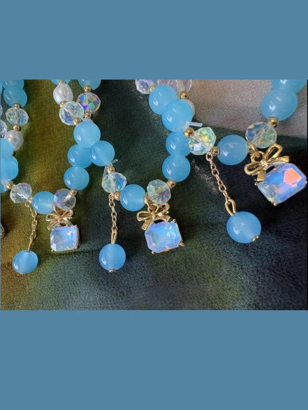 Sky Blue Glass Beaded and Faux Pearl Bracelet in Goldtone Set of Three
